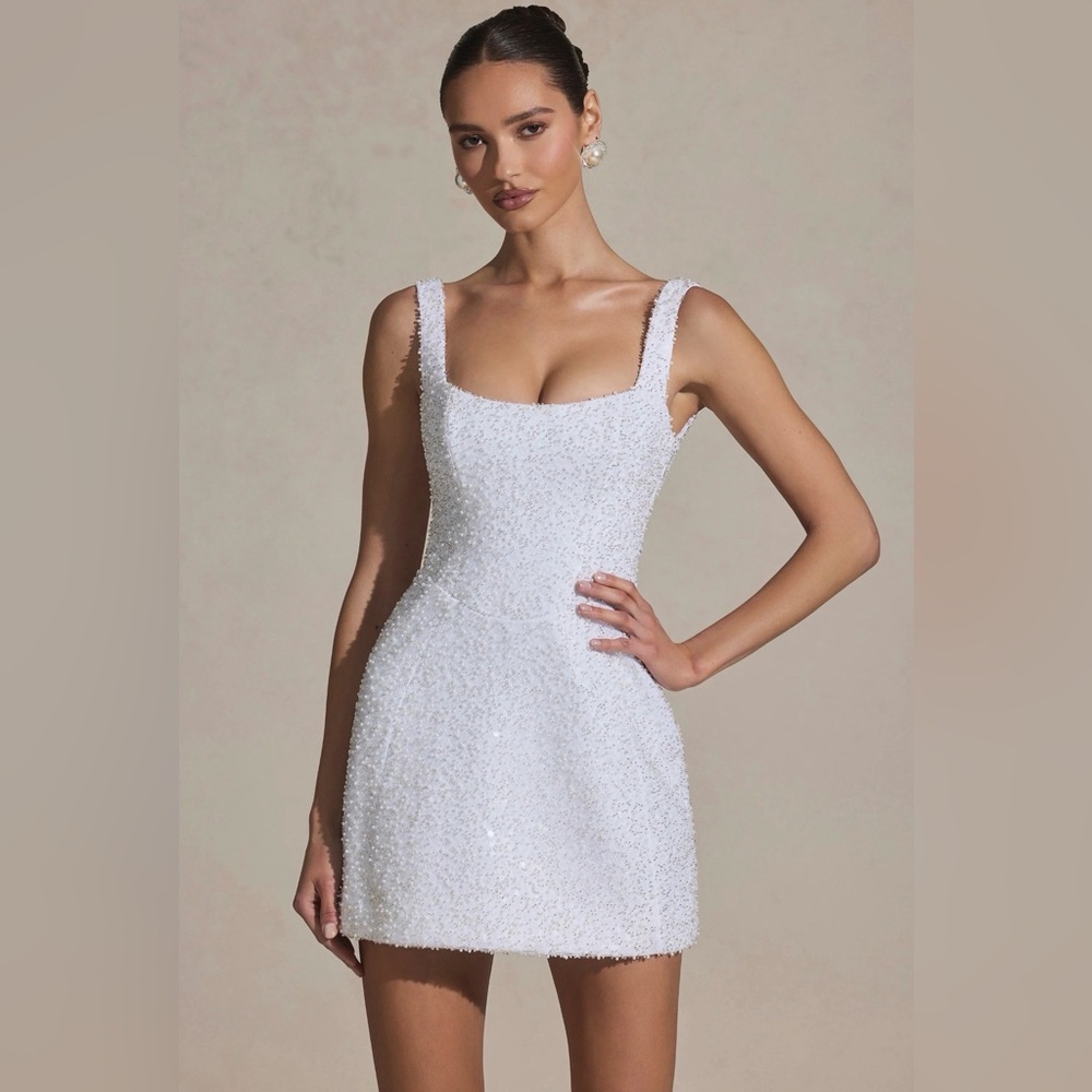 Dominique Embellished Structured A-Line Mini Dress in White